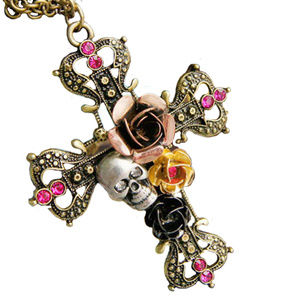 Cross Skull Head Rose Crystal Necklace Pendant 388